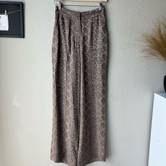 NEW SIMKHAI Trouser Pants Snakeskin Wide Leg Brown Python Print Pants Size 0 - Picture 2 of 12